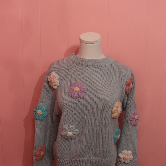 Floral Embellished Blue Sweater - Picture 3 of 4